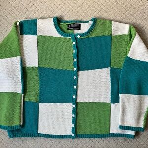Vintage Patchwork Knit Cardigan Green Teal 100% Cotton Cropped Sweater